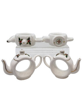 A Cup of Christmas Tea Napkin Ring Set Tom Hegg Book Bone China 1995 4 pc